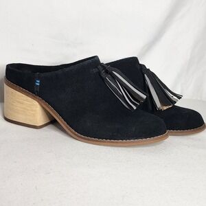 TOMS Black Suede Tassel Mules Wood Block Heel Slip On Shoes Womens 6